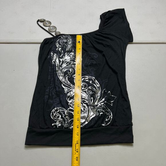 Annabelle One Shoulder Black Top Beaded Strap Metallic Floral Print Women Small - Picture 7 of 10
